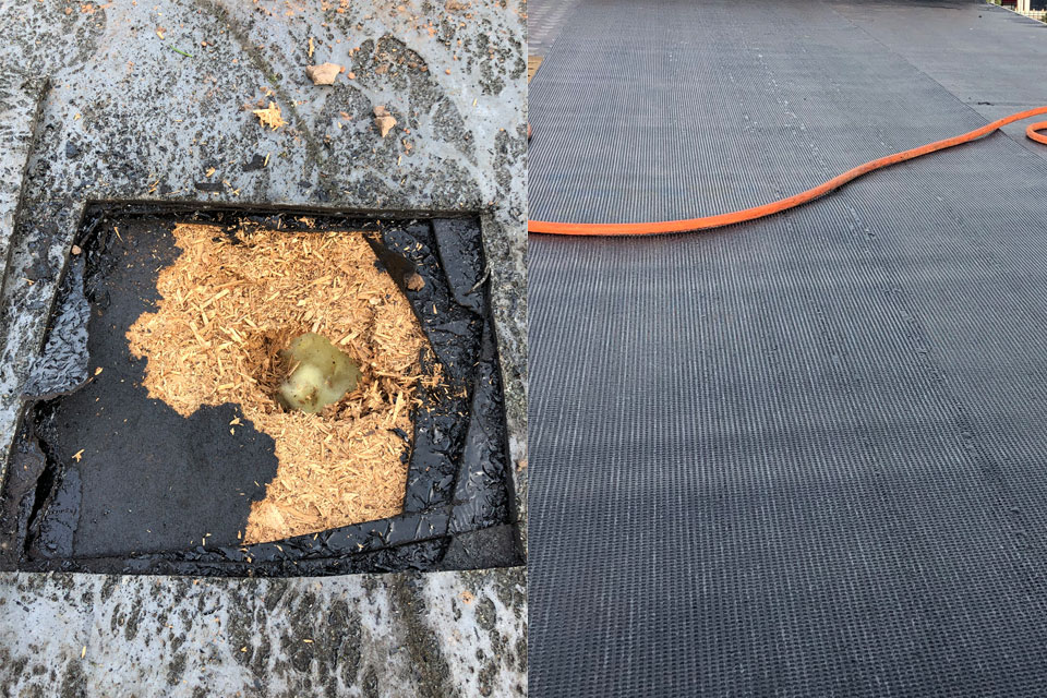 Picture of roof with a hole and repaired roof after problem is fixed