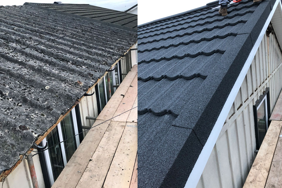 Side by side of roof with and without fascia and guttering 